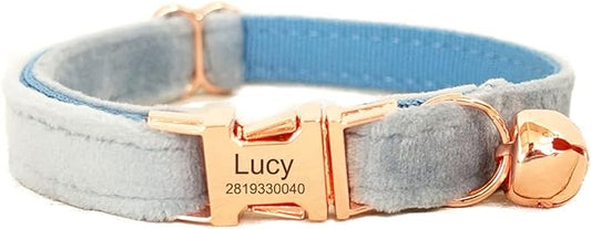Cat Collar Personalized with Name Engraved and Bell, Customized Velvet Collars for Puppy Kittens (Sky Blue, L)