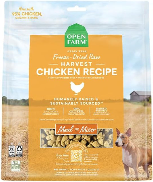 Open Farm, Freeze Dried Raw Dog Food, Morsels with 95% Meat, Organs & Bone, Organic Produce & Superfoods, Complete Meal or Freeze Dried Dog Food Topper, Chicken Recipe, 22oz Bag