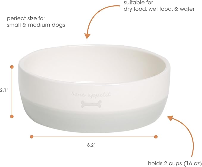 Pearhead Ceramic Bone Appétit Dog Bowl, Holds 2 Cups, Stoneware Food and Water Dish, Microwave and Dishwasher Safe, Small/Medium