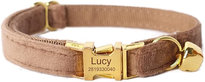 Cat Collar Personalized with Name Engraved and Bell, Customized Velvet Collars for Puppy Kittens (Brown, S)