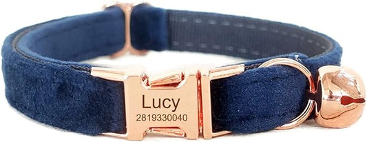 Cat Collar Personalized with Name Engraved and Bell, Customized Velvet Collars for Puppy Kittens (Navy Blue, S)