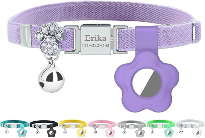 Personalized Safety Elastic Cat Collars with Bell Soft Silicone Cover for Air Tag,Laser Customized Stretch Kitten Collars for Girls Boys Cats (Purple)