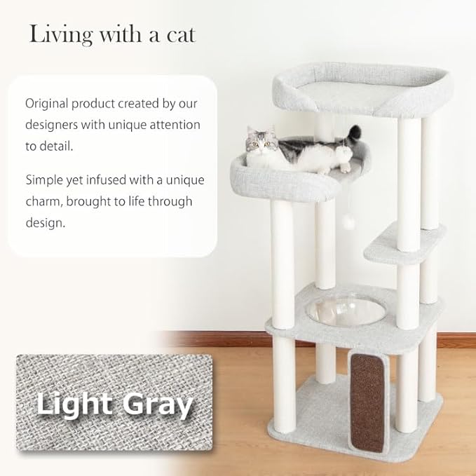 Cat Tree for Large Cat, Modern Senior Friendly Cat Tower with Wide Shelves Low Step, Cotton Scratching Posts, Super Sturdy Base, Cozy Perches, and Interactive Toys (Gray)