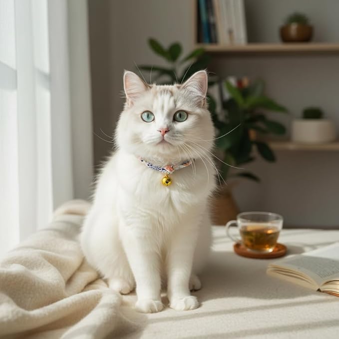 Handmade Cotton Cat Collar with Bell – Adjustable Slip-On Design, No Buckle, Lightweight Rope Collar for Kittens, Indoor Cats, and Small Pets (Breeze)