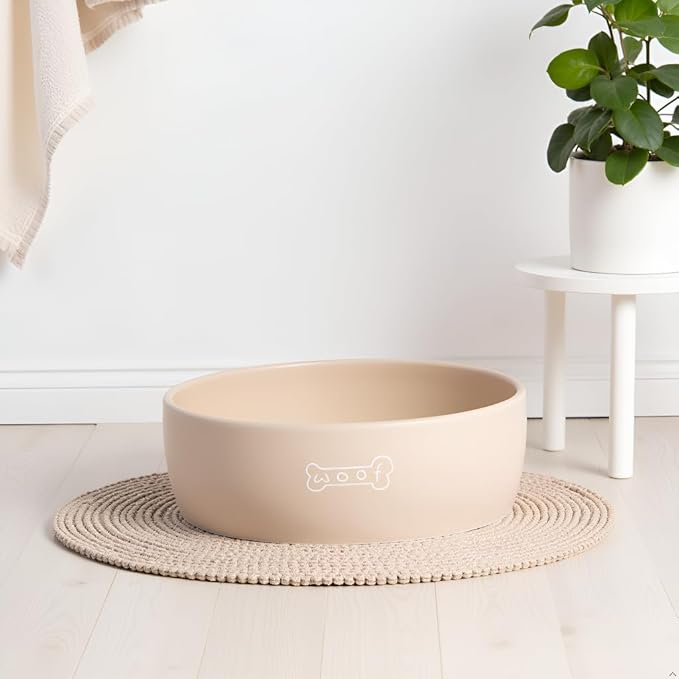 Pearhead Ceramic Dog Bowl – Neutral Taupe “Woof” Design, Holds 3 Cups, Non-Skid Stoneware Pet Feeding Dish, Medium