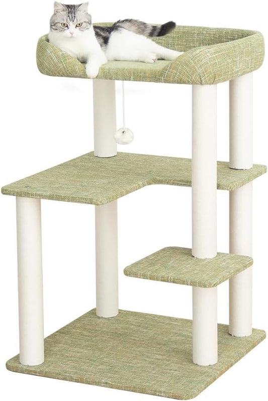 Cat Tree for Large Cat, Modern Senior Friendly Cat Tower with Wide Shelves Low Step, Cotton Scratching Posts, Super Sturdy Base, Cozy Perches, Interactive Toys (Linen Fabric Green 37.4-Inch)
