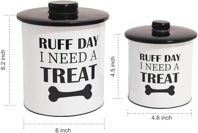 2pc Set Dog Treat Container with Lid, Round Tin Dog Treat Storage Jar for Countertop (Ruff Day)