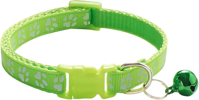 CHBORCHICEN 2-Pack Footprint & Reflective Cat Collar with Bell Basic Dog Cat Collar Buckle Adjustable Polyester Cat Dog Collar or Seatbelts (Small, Fluorescent Green)