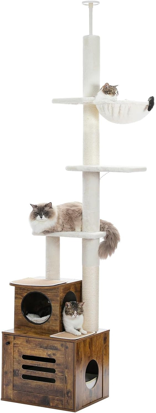 Adjustable Floor to Ceiling Cat Tree, 90.6-110.2 Inch Cat Tower with 6 Tiers & Integrated Litter Box Enclosure, Modern Cat Condo in Rustic Brown