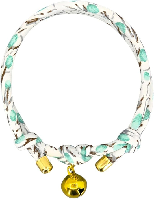 Handmade Cotton Spring Cat Collar with Bell – Adjustable Slip-On Design, No Buckle, Lightweight Rope Collar for Kittens, Indoor Cats, and Small Pets (Leaf-Mint)