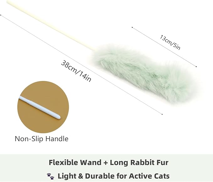 Rabbit Fur Cat Toys – 5PCS Interactive Cat Wand Toys for Indoor Cats, Soft Teaser Sticks for Play & Exercise, Natural Fur Cat's Teaser Set, 15" Long