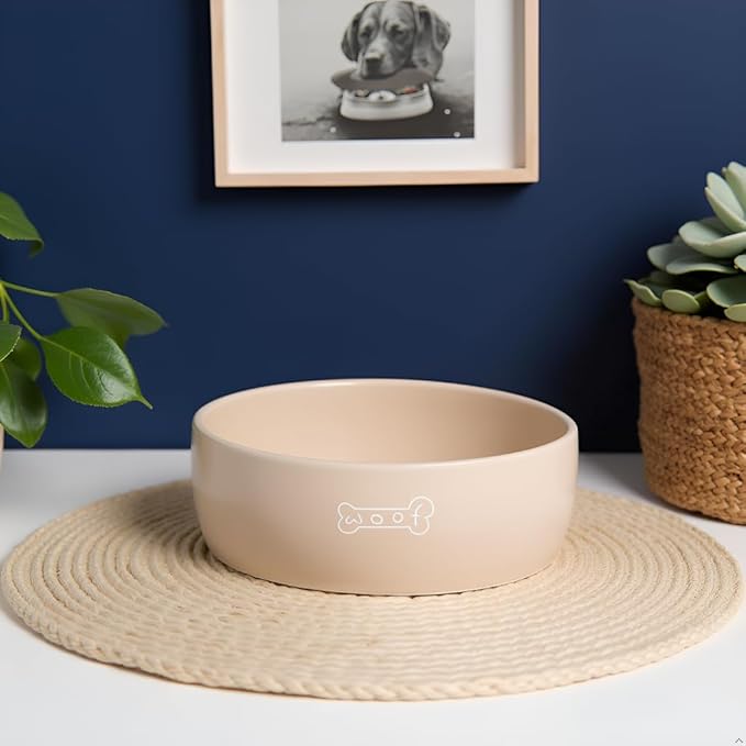 Pearhead Ceramic Dog Bowl – Neutral Taupe “Woof” Design, Holds 3 Cups, Non-Skid Stoneware Pet Feeding Dish, Medium