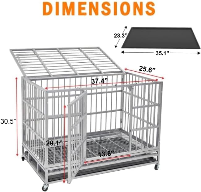 48 Inch Heavy Duty Dog Crate Cage with Wheels, Indestructible and Escape Proof Steel Kennel Indoor for High Anxiety Dogs with Sturdy Locks, Double Door and Removable Tray, Extra Large XL XXL