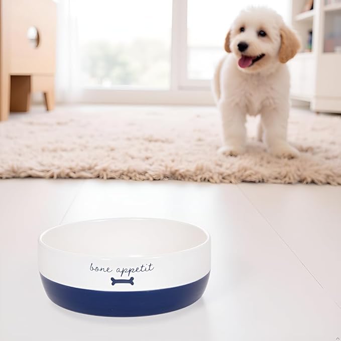 Pearhead Ceramic Dog Bowl – White & Navy “Bone Appétit” Design, Holds 2 Cups, Stoneware Pet Dish, Non-Skid Feeding Bowl, Small/Medium