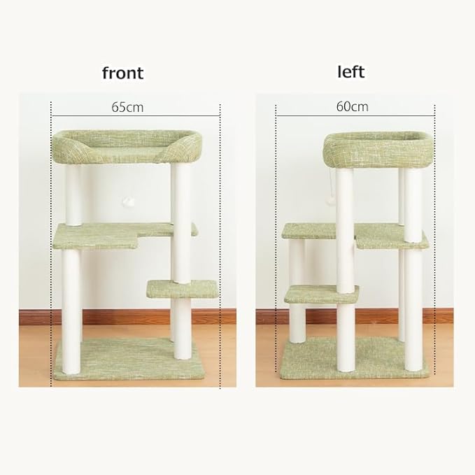 Cat Tree for Large Cat, Modern Senior Friendly Cat Tower with Wide Shelves Low Step, Cotton Scratching Posts, Super Sturdy Base, Cozy Perches, Interactive Toys (Linen Fabric Green 37.4-Inch)