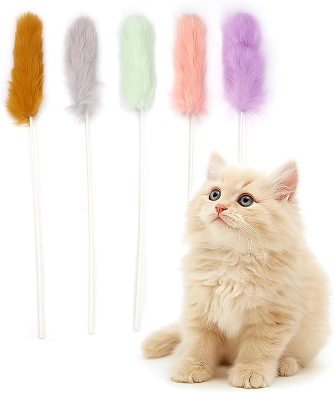 Rabbit Fur Cat Toys – 5PCS Interactive Cat Wand Toys for Indoor Cats, Soft Teaser Sticks for Play & Exercise, Natural Fur Cat's Teaser Set, 15" Long