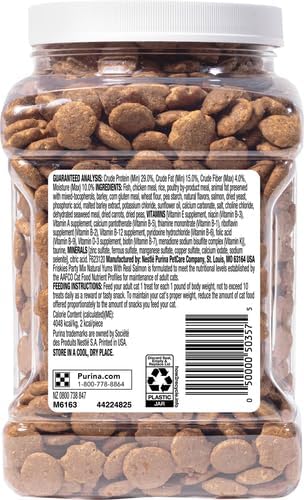 Friskies Purina Natural Cat Treats Party Mix Natural YUMS with Real Salmon and Added Vitamins, Minerals and Nutrients - 20 Oz. Canister (Pack of 2)