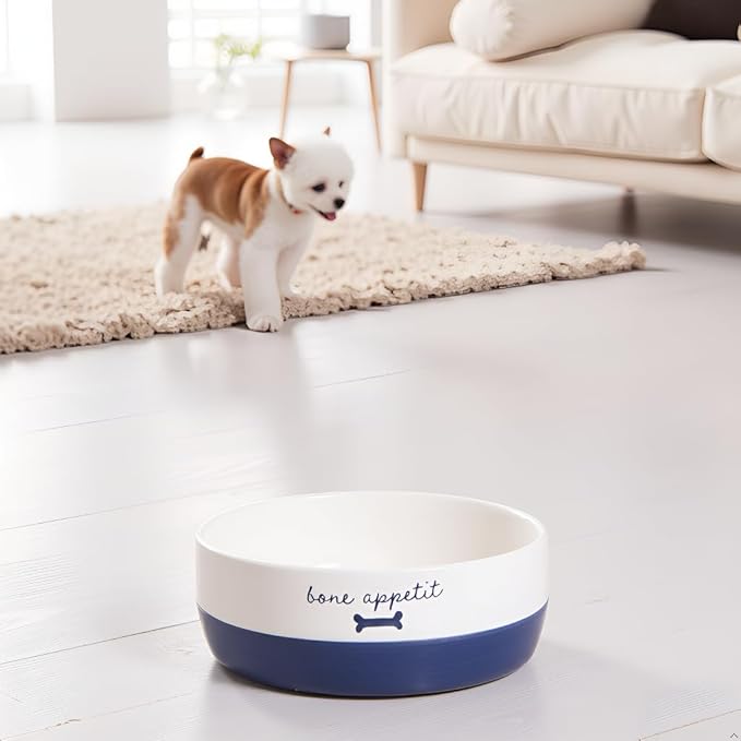 Pearhead Ceramic Dog Bowl – White & Navy “Bone Appétit” Design, Holds 2 Cups, Stoneware Pet Dish, Non-Skid Feeding Bowl, Small/Medium