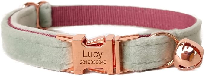 Cat Collar Personalized with Name Engraved and Bell, Customized Velvet Collars for Puppy Kittens (Mint Green, L)