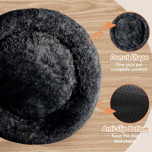 JOLLYVOGUE Small Dog & Cat Beds for Indoor Cats, Donut Cuddler Warming Soft Dog Beds with Anti-Slip Bottom, Round Calming Fluffy Plush Faux Fur Cushion Bed for Large Dogs (36", Black)