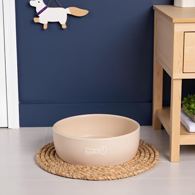 Pearhead Ceramic Dog Bowl – Neutral Taupe “Woof” Design, Holds 3 Cups, Non-Skid Stoneware Pet Feeding Dish, Medium