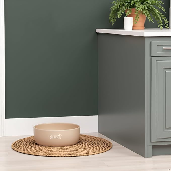 Pearhead Ceramic Dog Bowl – Neutral Taupe “Woof” Design, Holds 3 Cups, Non-Skid Stoneware Pet Feeding Dish, Medium