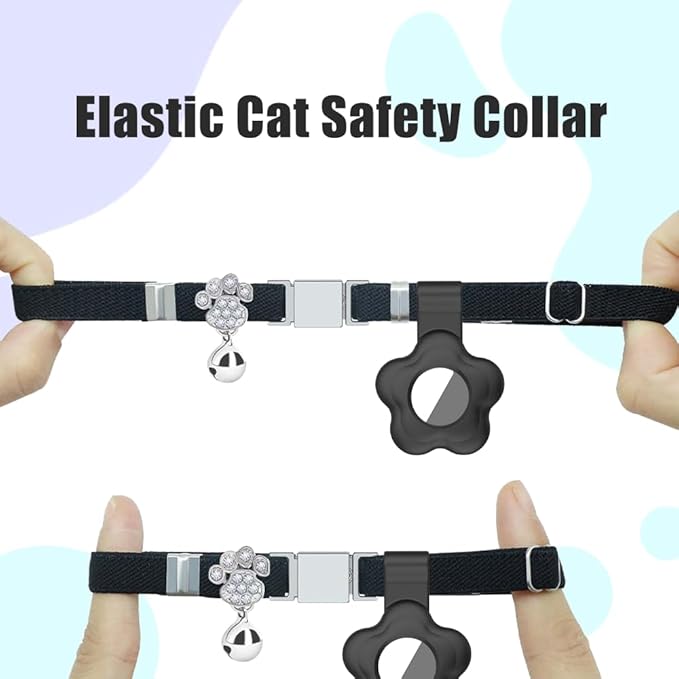 Personalized Safety Elastic Cat Collars with Bell Soft Silicone Cover for Air Tag,Laser Customized Stretch Kitten Collars for Girls Boys Cats (Black)