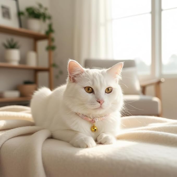 Handmade Cotton Cat Collar with Bell – Adjustable Slip-On Design, No Buckle, Lightweight Rope Collar for Kittens, Indoor Cats, and Small Pets (Blush)