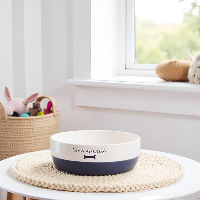 Pearhead Ceramic Dog Bowl – White & Navy “Bone Appétit” Design, Holds 2 Cups, Stoneware Pet Dish, Non-Skid Feeding Bowl, Small/Medium