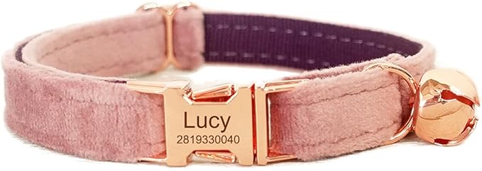 Cat Collar Personalized with Name Engraved and Bell, Customized Velvet Collars for Puppy Kittens (Pink, L)