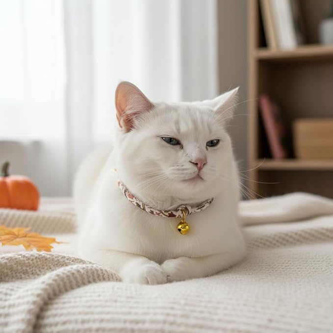 Handmade Cotton Fall Cat Collar with Bell – Adjustable Slip-On Design, No Buckle, Lightweight Rope Collar for Kittens, Indoor Cats, and Small Pets (Autumn)