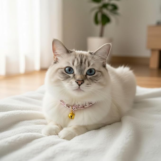 Handmade Cotton Spring Cat Collar with Bell – Adjustable Slip-On Design, No Buckle, Lightweight Rope Collar for Kittens, Indoor Cats, and Small Pets (Leaf-Pink)