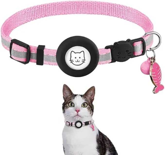 Pink AirTag Cat Collar – Breakaway Reflective Nylon Kitten Collar with Apple AirTag Holder & Bell, Adjustable 1cm Cat Collar for Girls & Boys (Fits 8.66–13.78 in)
