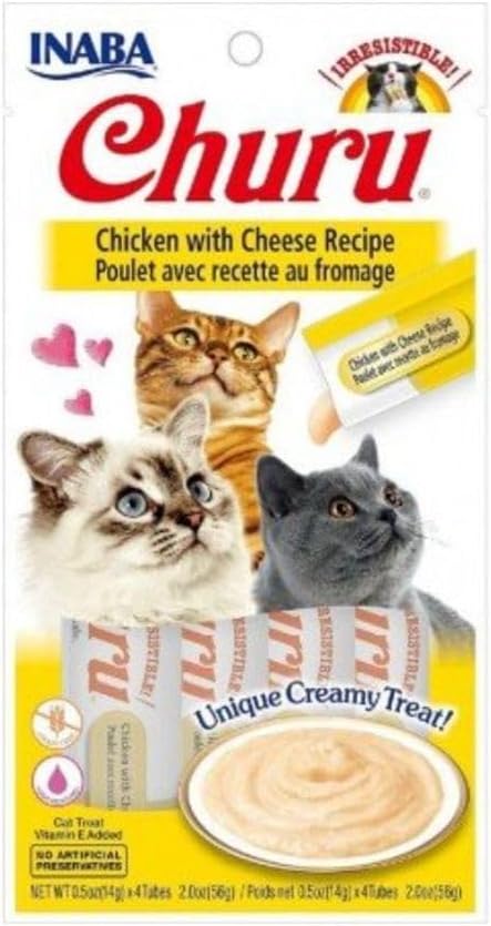 INABA Churu Cat Treats, Grain-Free, Lickable, Squeezable Creamy Purée Cat Treat/Topper with Vitamin E & Taurine, 0.5 Ounces Each Tube, 4 Tubes, Chicken with Cheese Recipe