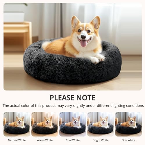 JOLLYVOGUE Small Dog & Cat Beds for Indoor Cats, Donut Cuddler Warming Soft Dog Beds with Anti-Slip Bottom, Round Calming Fluffy Plush Faux Fur Cushion Bed for Large Dogs (36", Black)
