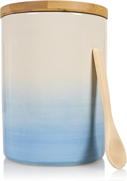 Arthausen Vintage Blue Ceramic Storage Jar Canister for Flour Sugar - Airtight Bamboo Lid w/Silicone Seal, Spoon - Modern Abstract Art Design for Kitchen Counter Bathroom - 4 cup / 1080mL