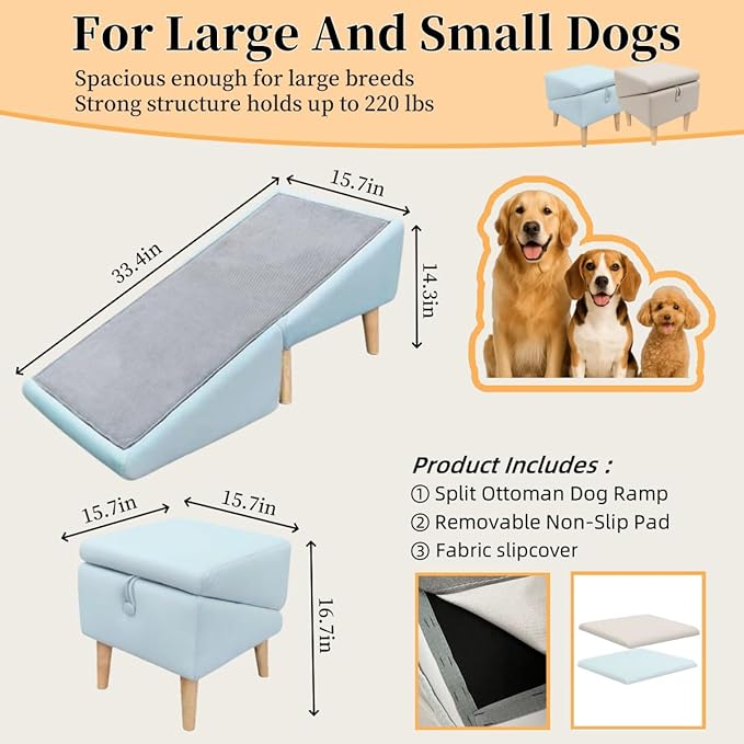 Split Ottoman Dog Ramp, Folding Pet Ramps Stairs for Couch, Pet Ramps Stairs for Small and Large Dogs, Holds up to 220 lbs (Blue, One Size)