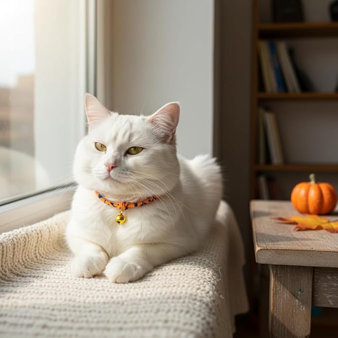 Handmade Halloween Cat Collar with Bell – Adjustable Slip-On Design, No Buckle, Lightweight Rope Collar for Kittens, Indoor Cats, and Small Pets (Pumpkin)