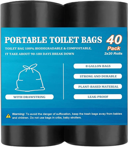 40 PCS Portable Toilet Bags with Drawstring, Biodegradable Porta Potty Bags - 8 Gallon Thickened Waste Bags Fit for 5 Gallon Bucket, Camping Poop Bag, Trash Bags for Home Boating Travel Outdoor