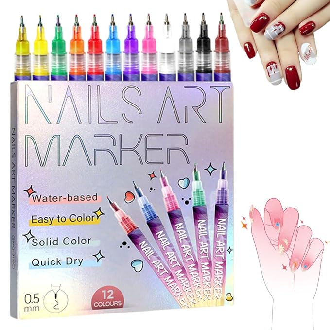 12 Colors Nail Art Pens Set with 30 Sheets Nail Stickers Decals, Nail Art Markers for Gel Nails, 3D Nail Polish Pens Quick Dry, Dotting Point Liner Pens for DIY Nail Painting Nail Art Tools (1 Set)