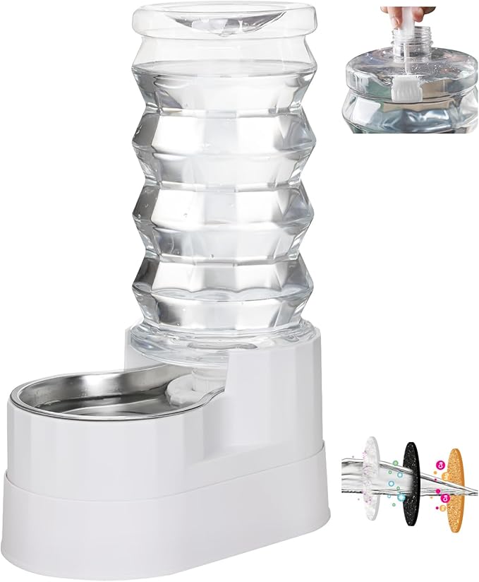 RIZZARI Large Water Dispenser for Dogs: 9L Automatic Stainless Steel Gravity Raised Pet Feeder with Specialized Brush and Triple Filter for Senior Pet Dogs with Neck Pain Garage Living Room