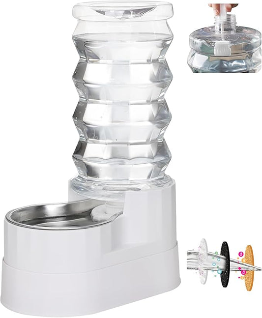 RIZZARI Large Water Dispenser for Dogs: 9L Automatic Stainless Steel Gravity Raised Pet Feeder with Specialized Brush and Triple Filter for Senior Pet Dogs with Neck Pain Garage Living Room