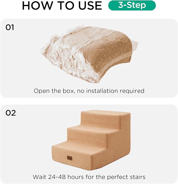 Made4Pets Dog Stairs for Small Dogs, Extra Wide Dog Steps for Bed Couch Sofa and Chair, 35D Foam Pet Steps for Small Dogs and Cats, Non-Slip Bottom Pet Stairs, Tan, 3 Steps