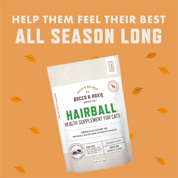 Rocco & Roxie Hairball Treatment for Cats, Cat Hairball Remedy, Crunchy Treats for Cats with a Creamy Center, Furball Control, Chicken Flavored Hair Ball Relief for Cat, Made in USA, Over 300 Chews