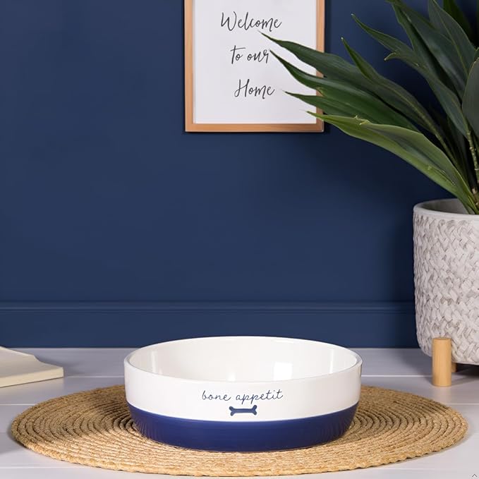 Pearhead Ceramic Dog Bowl – White & Navy “Bone Appétit” Design, Holds 2 Cups, Stoneware Pet Dish, Non-Skid Feeding Bowl, Small/Medium