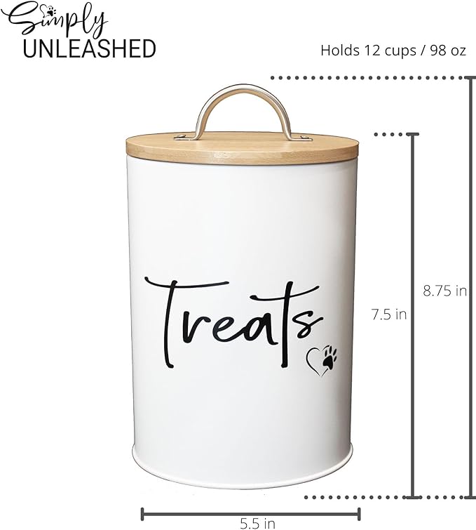 White Dog and Cat Treat Container with Easy to Open Bamboo Lid, 98 oz/12 cups