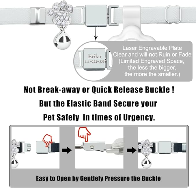 Personalized Safety Elastic Cat Collars with Bell Soft Silicone Cover for Air Tag,Laser Customized Stretch Kitten Collars for Girls Boys Cats (White)