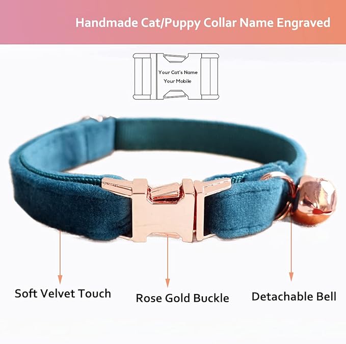 Cat Collar Personalized with Name Engraved and Bell, Customized Velvet Collars for Puppy Kittens (Green, L)