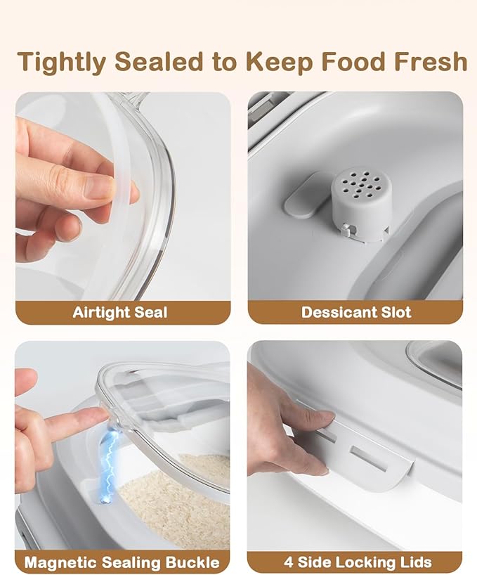 20-50 Lbs Food Storage Container With Wheel, Airtight Locking Lid, Collapsible Rice Container, Flour Storage With Small Container and Scoop, Suitable for Pet Food