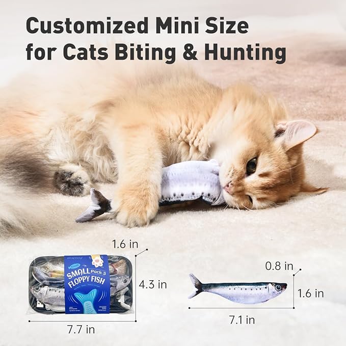 Petgravity Bite-Sized Realistic Flopping Fish Cat Toys, 3 Pack, Interactive Cat Toys for All Breeds, Tap-Activated 3 Flapping Mode, Sardine/Saury/Yellow Croaker, 7.1 Inches, with Catnip, Rechargeable